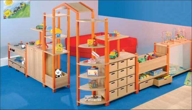 KINDERGARTEN Ready-made shelving system Model 59225 Shelving system with integrated play kitchen. Mirror cabinet has open compartment with 2 interior shelves.