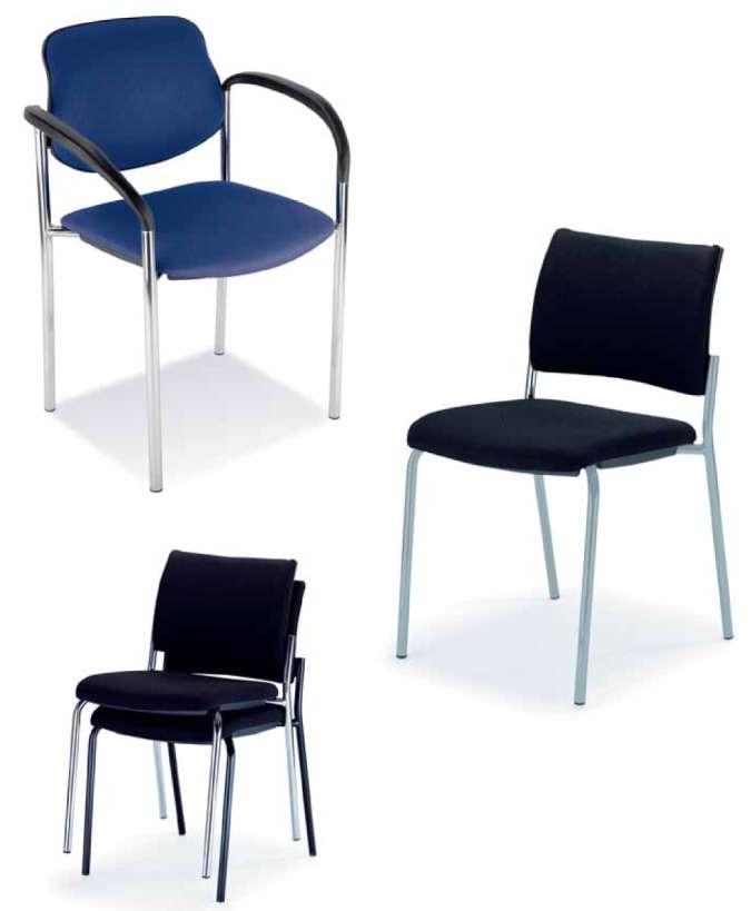 TUBULAR STEEL CHAIRS Model 30041 Stackable four-legged chair with armrests, padded seat and back, black plastic rear cover, alu-silver coated frame, plastic glides 74,00 / 88,06 Chrome-plated frame