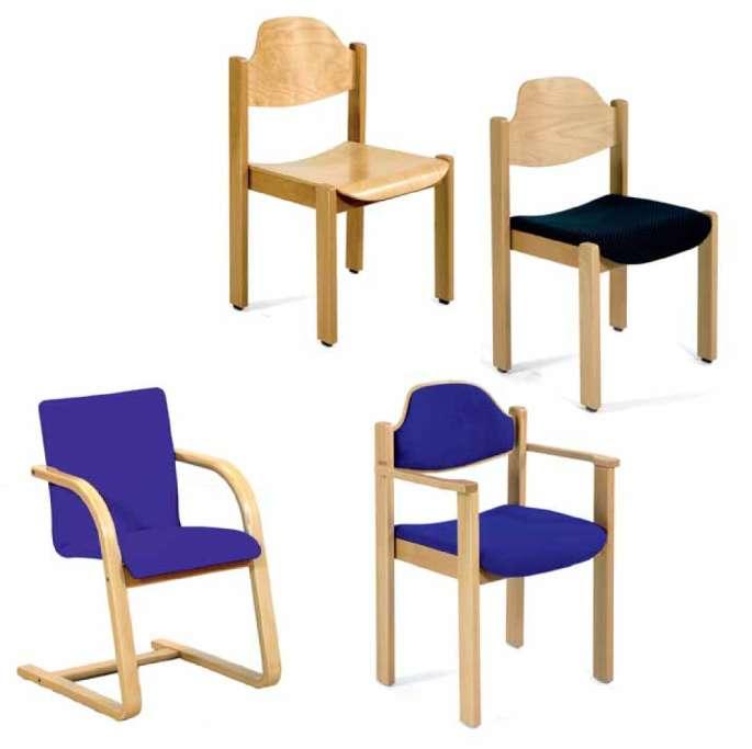 WOODEN CHAIRS Wooden Stacking Chairs Model 31000 Four-legged beechwood frame, naturally varnished, rectangular bar legs and aprons, plastic glides 90,00 / 107,10 Model 31001 Like model 31000, buth