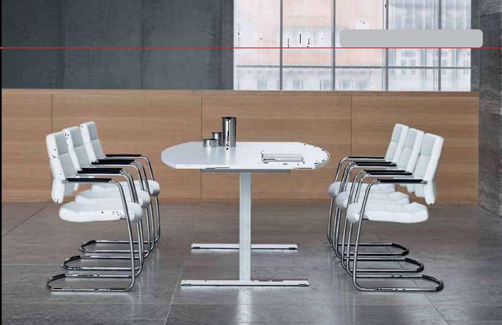 MEETING TABLES Meeting table model 20270 T-shape tubular steel construction, square tube frame legs in an outrigger base, tabletop 25 mm thick with circular shock-resistant rounded ABS edge, table