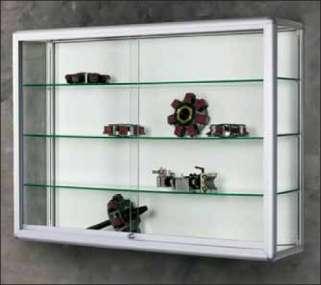 DISPLAY SHOWCASES Wall showcase 66520 Stylish rounded torsion-free aluminium profile, case depth 250 mm, back and top made of white laminate panel, three continuously height adjustable glass shelves,