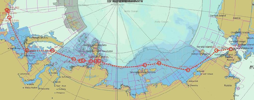 ROUTES Route 2: Murmansk to Bering Strait via Kara Gate and passing north of Novosiberian Island (total