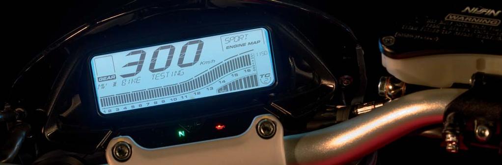 RIDER I NTERFACE 06 The new dashboard has been designed and produced for Rivale: it is entirely digital, and offers an ample reading surface, in which instant speed and rev indicators are located.