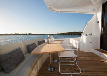 All the Maritimo hallmarks are aboard - wide walk around decks, aft galley design with a full-size fridge, well-appointed pantry and top quality appliances.