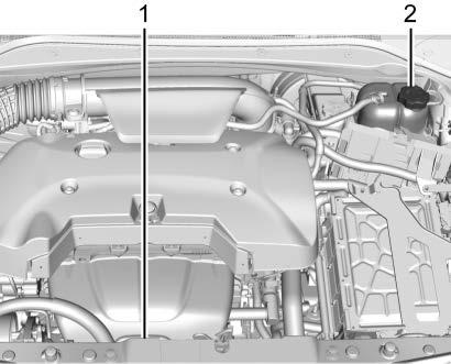 2.5L L4 Engine 1. Engine Cooling Fans (Out of View) 2. Coolant Surge Tank and Pressure Cap 3.6L V6 Engine 1. Engine Cooling Fans (Out of View) 2. Coolant Surge Tank and Pressure Cap { Warning An underhood electric fan can start up even when the engine is not running and can cause injury.