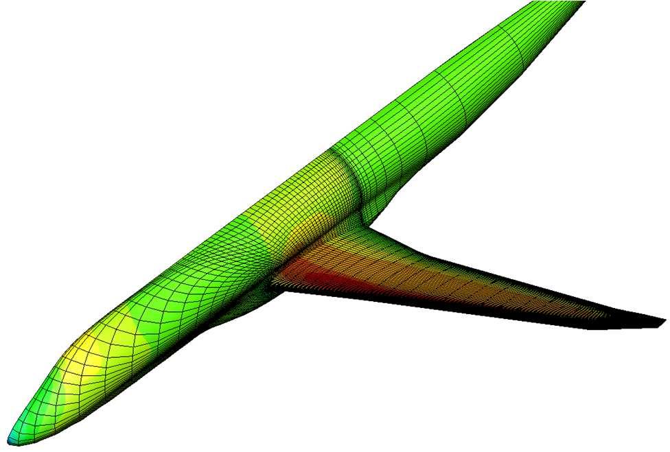 A CASE OF SUCCESS: MDO APPLIED ON THE DEVELOPMENT OF EMBRAER 175 ENHANCED WINGTIP Fig. 8: Full potential CFD code mesh and solution. 5.
