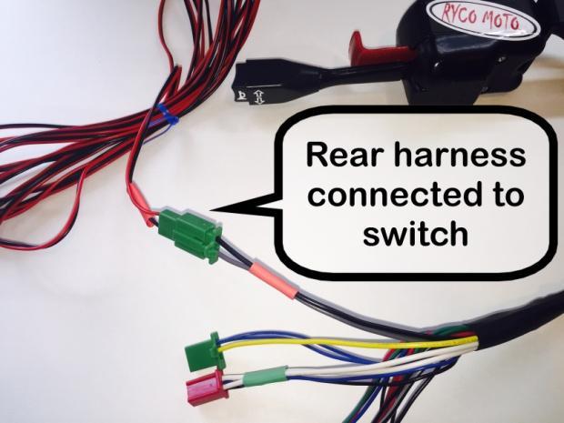 The horn, power (fuse holder) and ground wires interface is a 4 pin connector with green color coding. DO NOT CONFUSE THIS 4 PIN CONNECTION WITH FRONT HARNESS WHICH HAS RED COLOR CODING.