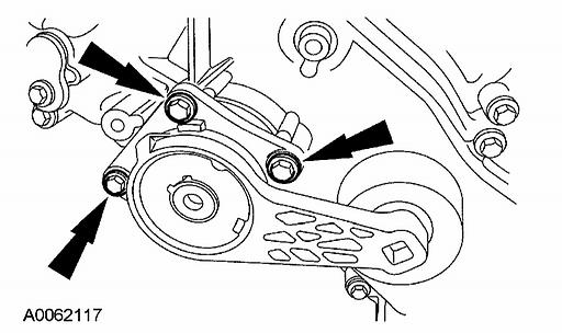 29. Remove the bolts, the coolant pump pulley and the 3 accessory drive belt idler pulleys. 30. Remove the bolts and the accessory drive belt tensioner. 31.