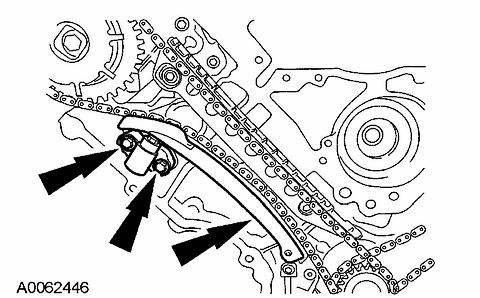 45. CAUTION: If one or both of the tensioner mounting bolts are loosened or removed, the tensioner-sealing bead must be inspected for seal
