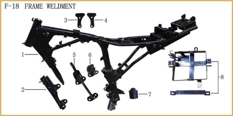 ML200-16D Frame Parts 2001618-1 Frame Weldment 2001618-2 Engine Front Panel Set 2001618-3 Panel set, engine, upper 2001618-4 Plate, engine front