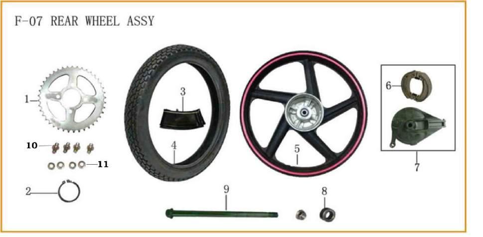 ML200-16D Frame Parts 200167-1 Sprocket 200167-2 Snap Ring 58 200167-3 Tube 200167-4 Tyre 200167-5 Rear Wheel Hub 200167-6 Rear Brake
