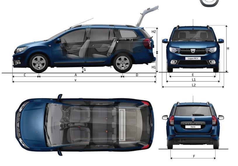 Dimensions Dacia Logan MCV MY18 Exterior dimensions (mm) A - Wheelbase 2,63 B - Overall bodywork length 4,501 C - Front overhang 827 D - Rear overhang 1,039 E - Front track 1,497 F - Rear track 1,486