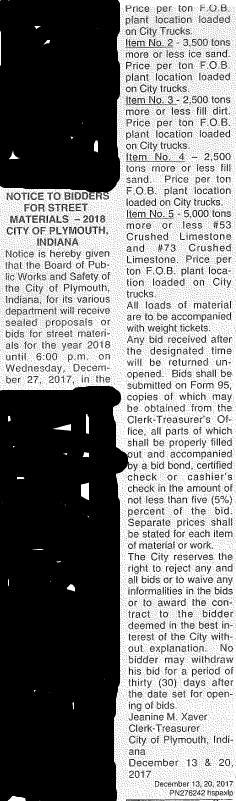 The following legal notice was advertised in the Pilot News on December 13 and