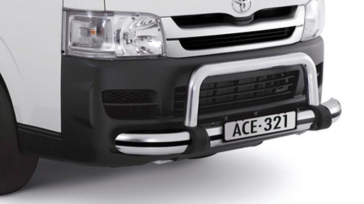Alloy Nudge Bar Designed to complement HiAce's style, the new Toyota Genuine Alloy Nudge Bar is Airbag compatible and has been thoroughly tested to comply with Toyota's stringent standards.