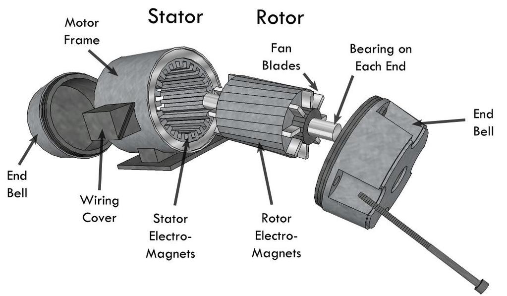 AC Induction Motors 90% of motors in the United States Cheap, relatively low maintenance, reliable Consists of two