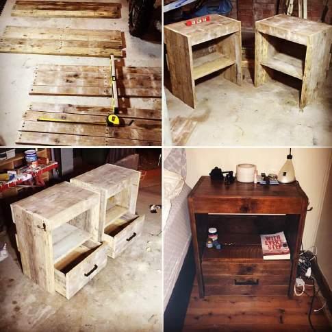 Pallet Pine Timber Bedside Tables. Stained Walnut.