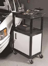 Service LE34C/N Partially enclosed locking service cart with three flat shelves.
