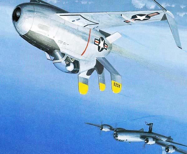 Another idea was that the B-36 could be used to carry an RF-84F reconnaissance fighter; the latter would be launched at some point outside hostile territory, up to 2800 miles from the B-36's base, at