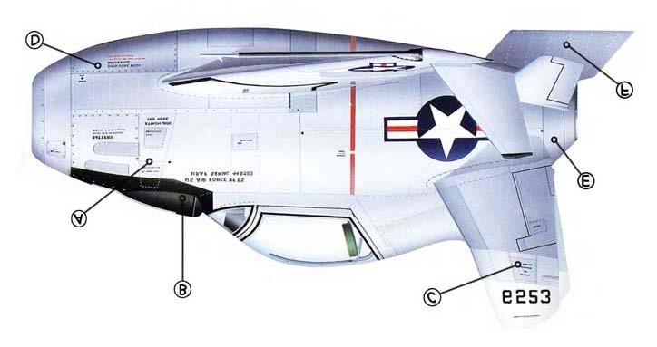 A: The two prototype XF-85s did not have any armament fitted, but installations were provided for the carriage of four 12.7-mm (.50 cal.) Browning machineguns in the upper sides of the fuselage.