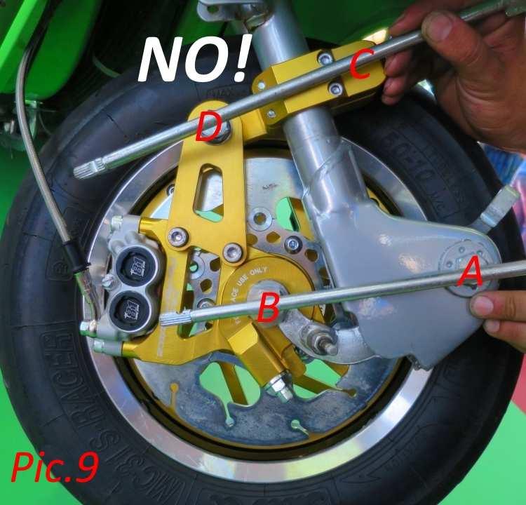 8) across to the main axle nut (point B in Pic. 8). Now hold a second rod across the centre line of the anti-dive linkage pivot points (points C and D in Pic. 8). The distance between the two rods should be parallel or slightly closed towards the front of the scooter.