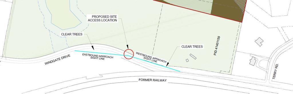 A site access location intersecting Windgate Drive approximately 390m west of Terry Road is expected to provide adequate SSD with tree clearing inside the horizontal curves for the Windgate Drive