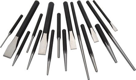 D058203 16 Piece Punch and Chisel Set Cold Chisels: 5/16,1/2,5/8,3/4,7/8 Centre Punch: 1/8, 5/32, 1/4 Solid Punch: 1/8, 3/16, 1/4 Drift Punches: 3/16,1/4 Pin Punches: 1/8, 3/16, 1/4 Storage pouch