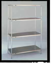 Galvanized shelves with uncoated cast corners are ideal for applications requiring a solid shelving or work surface and minimum resistance to corrosion.