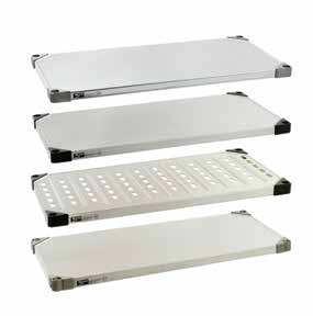 Standard Stainless Steel solid shelves (Type 304) with epoxy-coated cast corners address the majority of applications for solid, corrosion resistant shelves or work surfaces.