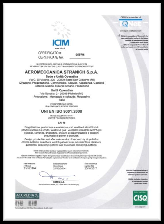 Quality system Certificate ICIM (SINCERT) n.