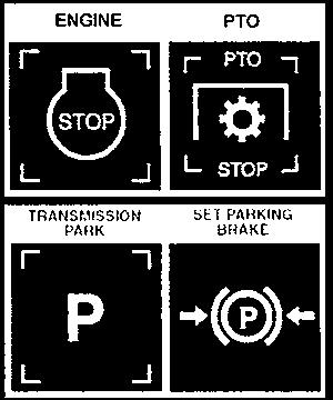 Park the tractor on a level surface, place the transmission in park or neutral and apply the parking brake, shut down the engine, remove the key, and wait for all motion to come to a complete stop