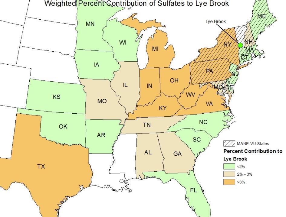 Figure 4: States Contributing to 2011 Visibility Impairment at Lye Brook Based on Mass Weighting Analysis Figure 5: States Contributing to 2011 Visibility Impairment at Moosehorn Based on Mass