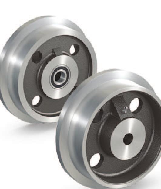 Single-flanged wheels with plain bearing (/1) or ball bearings (/5). Wheel flange and conical tread properly machined.