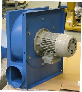 Centrifugal fan with closed fan wheel that is used at source extraction from air pollulant or chip making work processes. The transported air may not contain adhestive or sticky fumes or dust.