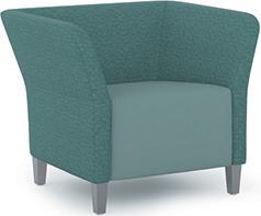 Modular lounge chairs and ottomans stand alone or combine to create large arrangements.