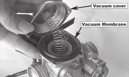 VACUUM CHAMBER INSTALLATION Mount the plunger and the vacuum membrane into the carburetor body. Push the plunger upwards in the direction of the vacuum chamber cover to open the carburetor jet tube.