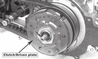Do not allow any grease or oil to get on the surface of the movable drive plate and the driven belt. CLUTCH REMOVAL Remove the left crankcase cover. Remove the drive plate and the driven belt.