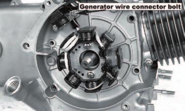 Remove the generator wire connector. Remove the generator wire holder. Remove the generator coil bolt. Remove the generator wire rubber bushing from the right crankcase. Remove the coil set.