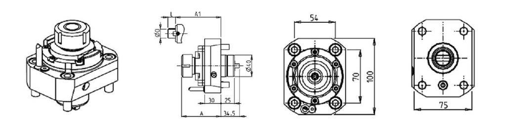 MD60 - MD10 DRIVEN RADIAL DRIVEN TOOL Part Number Description Spindle I RPM Cool Thru Ext Cool A A1 D L MUR004015 Radial Driven Tool ER5 ER5 1:1 6000 X 3.