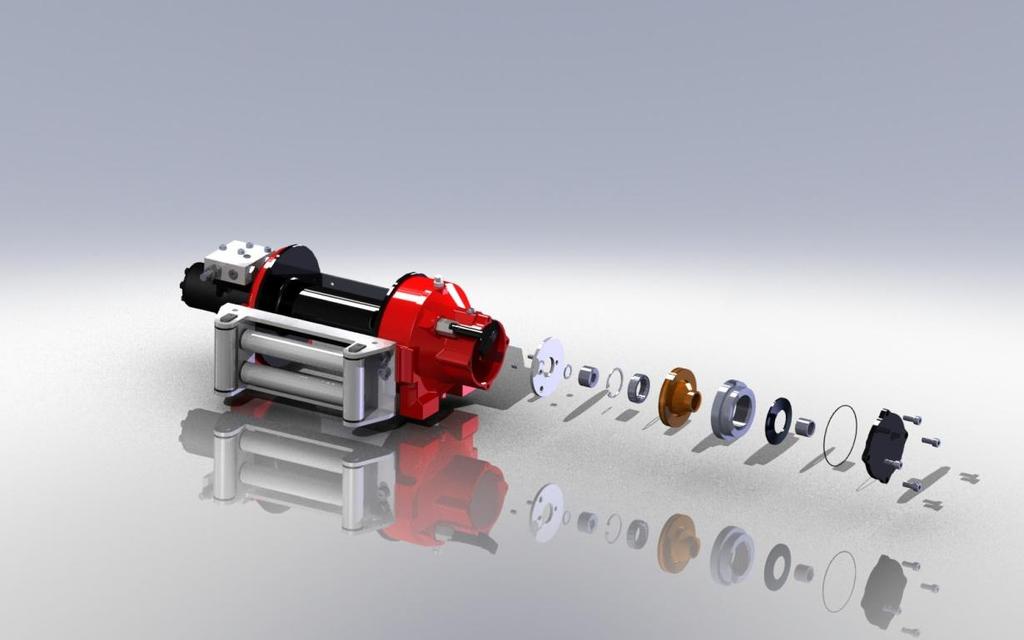 BRAKE Planetary gear trains use multiple gears to convert hydraulic motor power into pulling force. Planetary gears to hold the load must be assisted by a brake system.