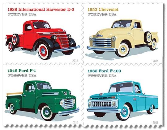 Pickup Truck Stamps: In 2016, the U.S. Postal Service celebrates pickup trucks, the rugged and reliable work vehicles that Americans have driven for nearly a century.