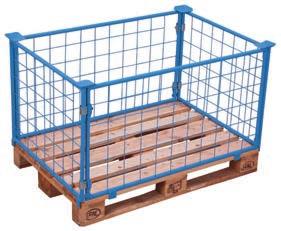 1 side wall with fold-down upper half; Optional replaceable pallet converter separation grid; Pallet