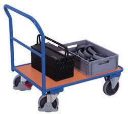 Pushbar trolleys Pushbar trolleys Modular system; Base structure with innovative frame section, or of round pipe; Load surface of wood-based board, surface finish beech, or of waterproof bonded