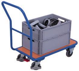Store-room trolley Robust welded steel construction; Transverse strut in pushbar; Load surface of wood-based board; Surface finish beech; Store-room trolley powder-coated RAL 5010 gentian blue;