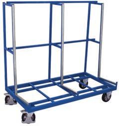 Sheet-material trolleys, one-sided or two-sided Welded steel construction; One-sided or two-sided load surface, tilts to 5 ; Sheet supports faced with rubber profile; Base support
