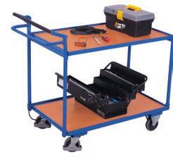 Additional handle beneath the pushbar; Load surface of wood-based board, surface finish beech; Set in angle-steel frame, edge = 15 mm high; Trolley powder-coated RAL 5010 gentian blue; Permanent
