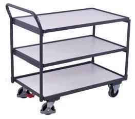 removable as well as variable applicable; Trolleys powder-coated RAL 7024 graphite grey; Electrically conductive; Permanent surface protection; Impact- and scratch-resistant; Grey non-marking