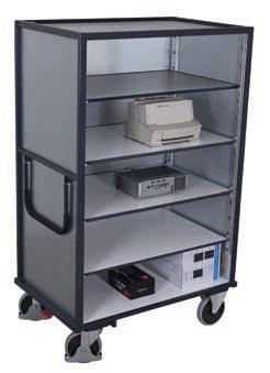 ESD shelf trolleys fixed welded Fixed welded angle-steel construction; Electrostatic discharge execution; With or without double wing door; Trolleys with double wing doors have espagnolette bolt lock