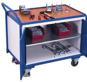 kg per drawer; Workshop trolley with double door and T-handle lock; Front powder-coated RAL 5010 gentian blue; Body powder-coated RAL 7035 light grey; Permanent surface protection; Impact- and