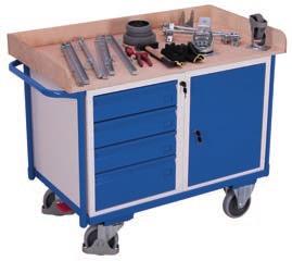 Workshop trolleys 280 mm 280 mm Workshop trolleys Welded steel construction; Base structure with innovative frame section; Working surface of beech finish plywood; 80 mm high surround on three sides;