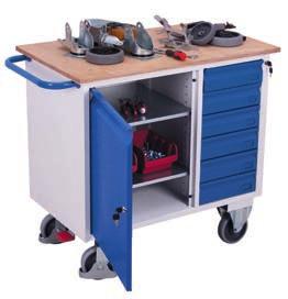 Workshop trolleys Workshop trolleys Sheet steel construction; Working surface of beech finish plywood; With or without 80 mm high surround on three sides; Cupboards with 1 fixed and 2 variable